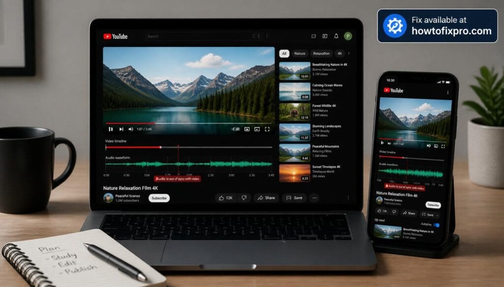 Laptop and phone showing YouTube audio lag with video and audio out of sync – a common scenario when YouTube audio lag occurs