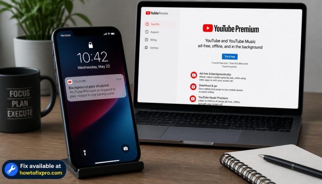 Smartphone showing background play disabled notification when screen locks – a common scenario when YouTube background play not working occurs