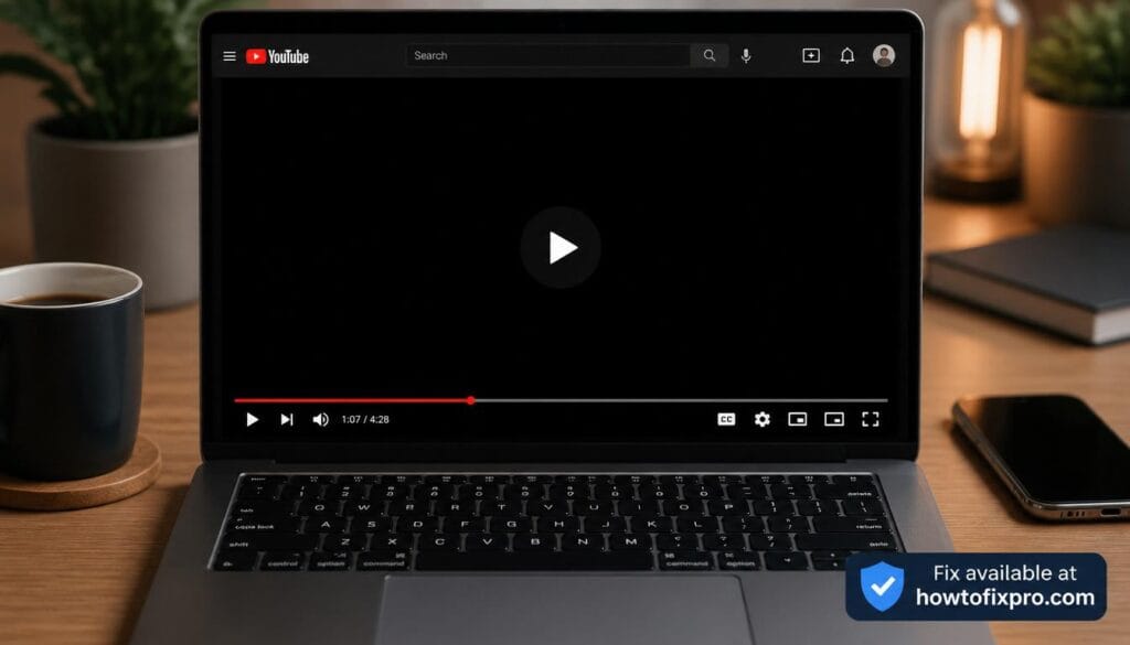Laptop screen displaying YouTube black screen error with play button overlay – a common scenario when YouTube black screen occurs