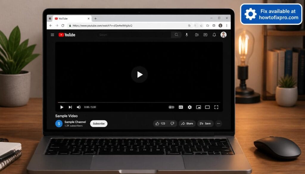 Laptop screen showing YouTube black screen error with play button overlay and frozen timestamp