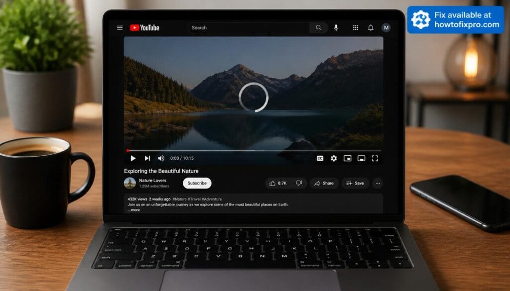 Laptop screen displaying YouTube with a spinning loading circle and frozen video frame – a common scenario when YouTube buffering issues occur