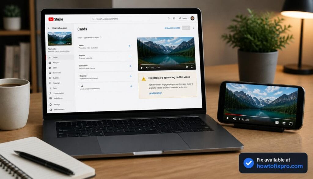 Laptop and phone showing YouTube cards missing from video – a common scenario when YouTube Cards not showing occurs
