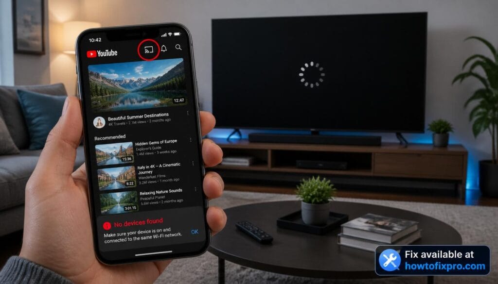 Smartphone screen displaying a YouTube cast error with no devices found – a common scenario when you need to fix YouTube Cast not working