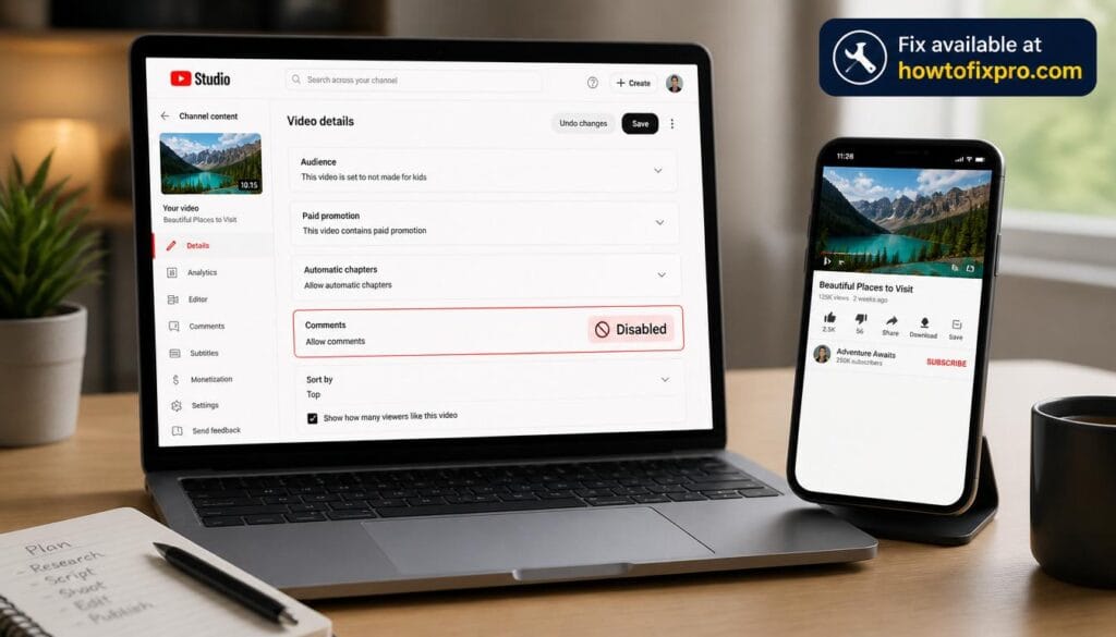 Laptop and phone showing YouTube Studio with comments disabled setting turned on – a common scenario when YouTube Comments disabled by mistake occurs