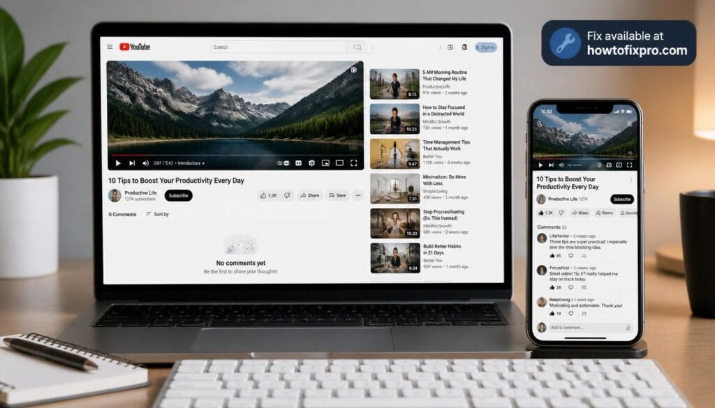 Laptop and phone displaying YouTube with blank comment section – a common scenario when you need to fix YouTube comments not showing