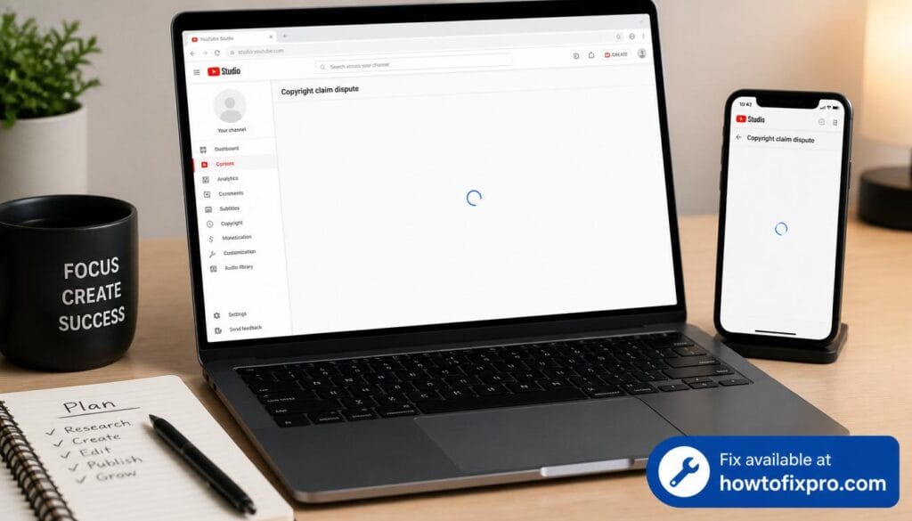 Laptop and phone showing YouTube Studio dispute form stuck on loading screen – a common scenario when YouTube Copyright claim dispute form not loading occurs
