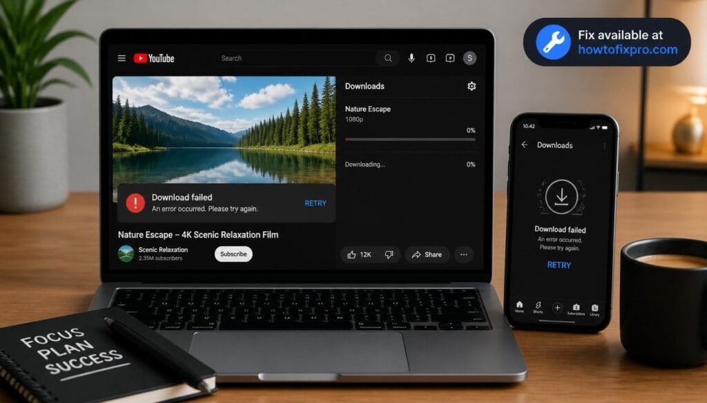 Laptop and phone showing YouTube download error message – a common scenario when YouTube downloads not saving occurs