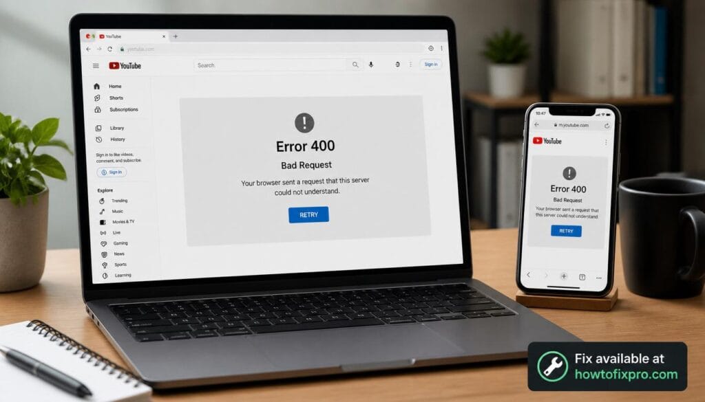 Laptop and phone showing YouTube Error 400 bad request message – a common scenario when YouTube Error 400 occurs