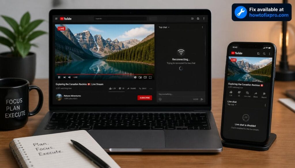 Laptop and phone showing YouTube live stream with blank chat box – a common scenario when YouTube Live chat not working occurs