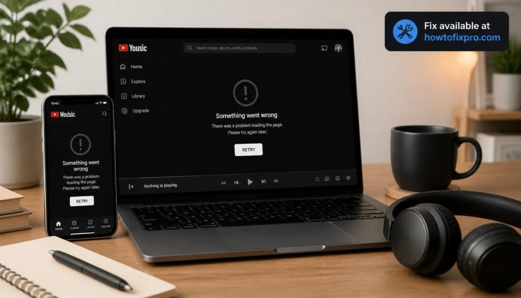 Smartphone and laptop showing YouTube Music error message – a common scenario when YouTube Music not working occurs