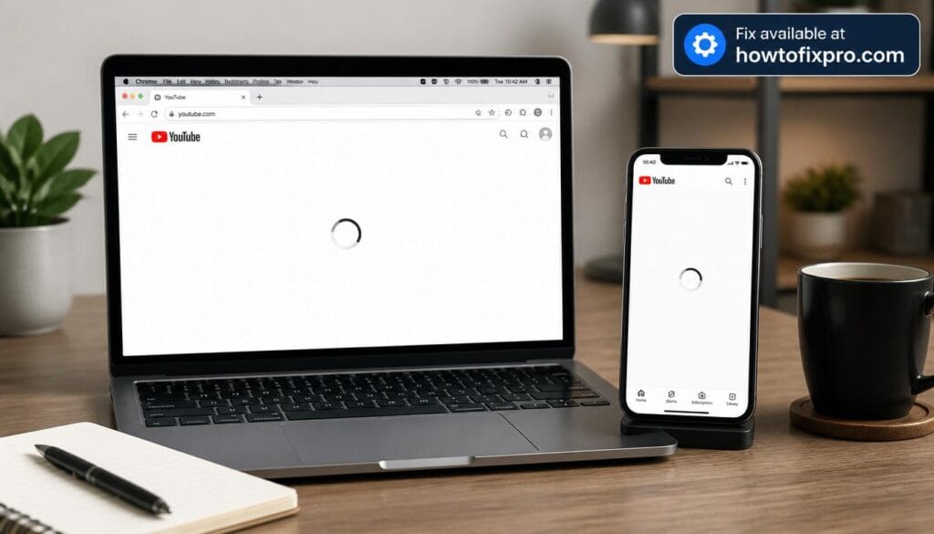 Laptop and phone showing YouTube not loading on Chrome with a spinning circle – a common scenario when YouTube not loading on Chrome occurs