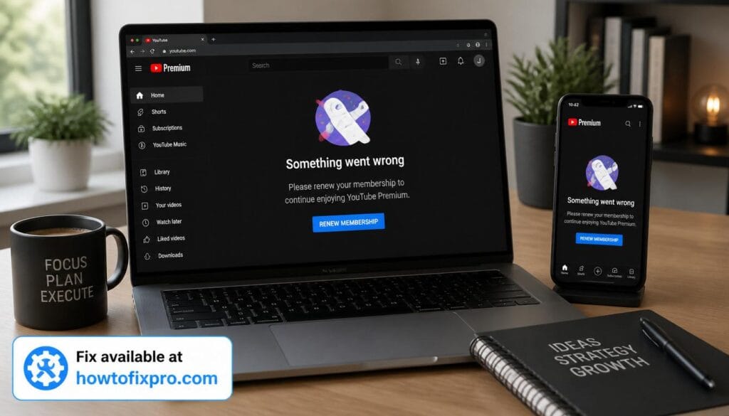Laptop and phone showing YouTube Premium error message – a common scenario when YouTube Premium not working occurs