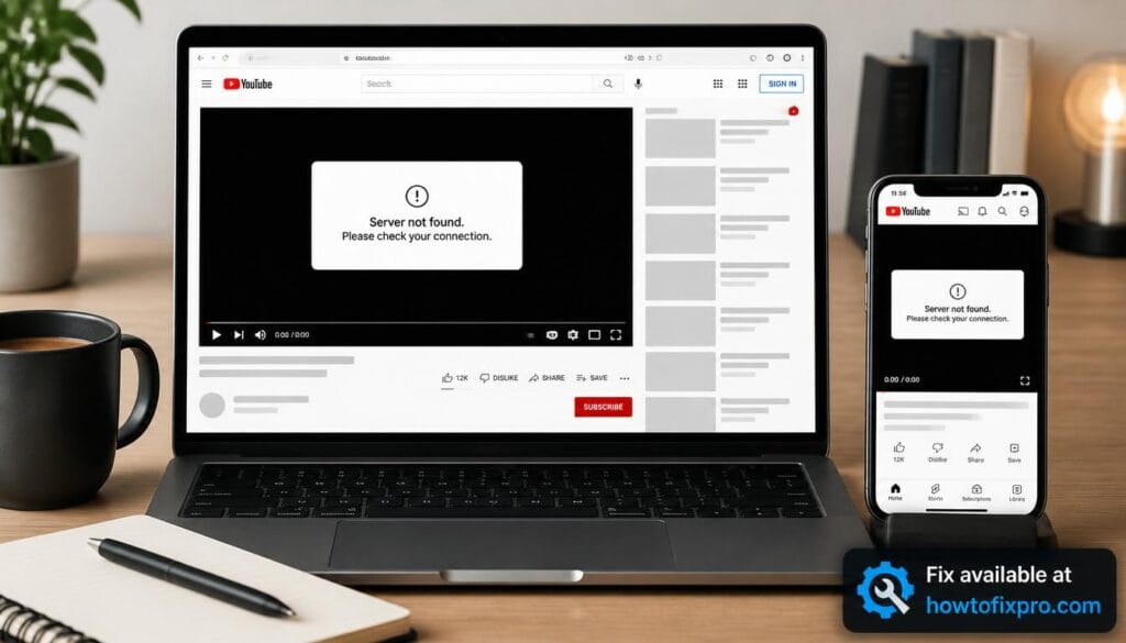 Laptop and phone displaying the YouTube Server not found error on screen with a black video player background