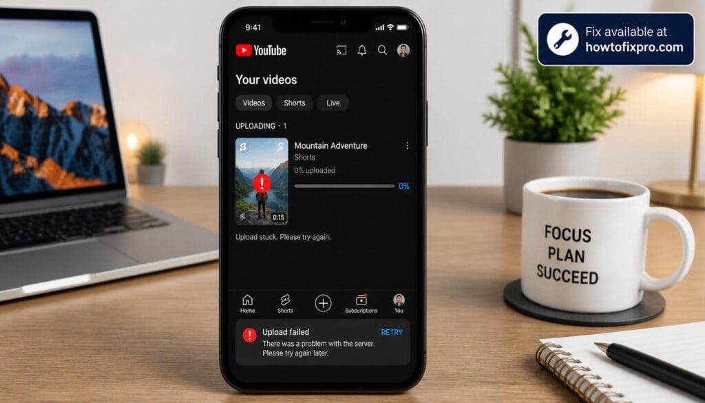 Smartphone screen showing a stuck upload progress bar with error icon – a typical situation when you need to fix YouTube Shorts not uploading