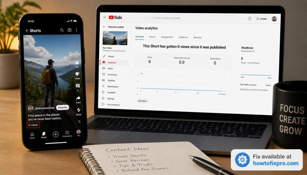 Smartphone and laptop showing YouTube Shorts view count stuck at a frozen number – a common scenario when YouTube Shorts view count stuck occurs