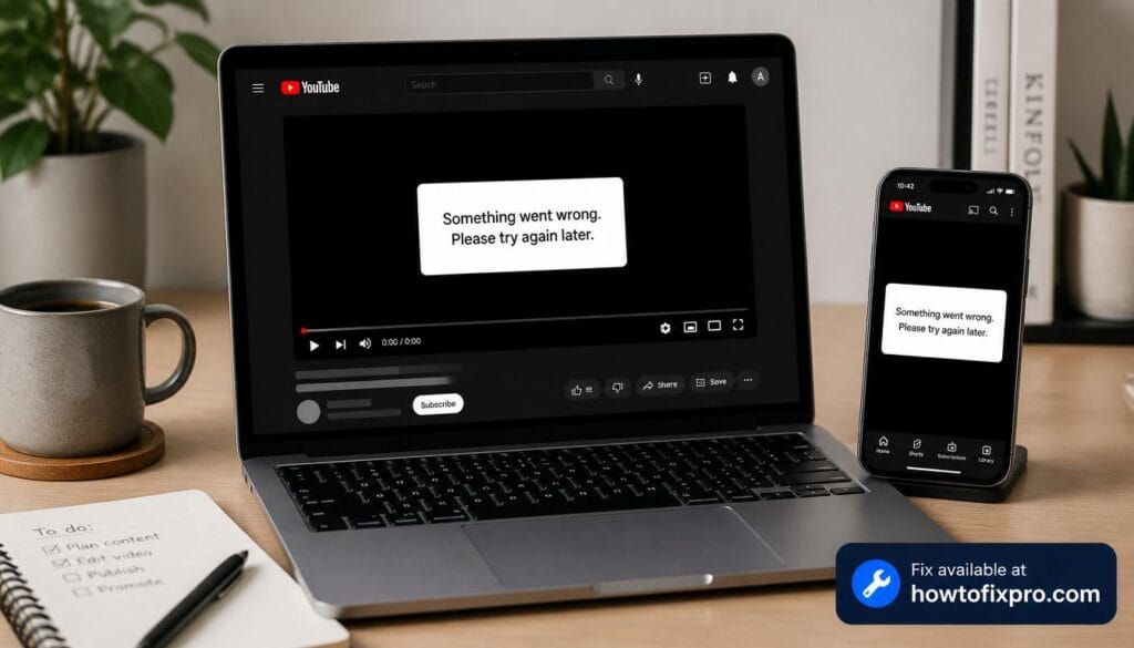 Laptop and phone displaying the YouTube Something went wrong error on screen with a black video player background