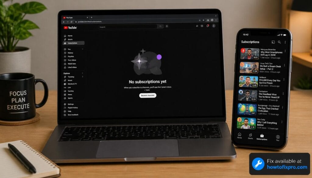Laptop and phone showing YouTube with an empty subscriptions feed – a common scenario when you need to fix YouTube subscriptions not showing