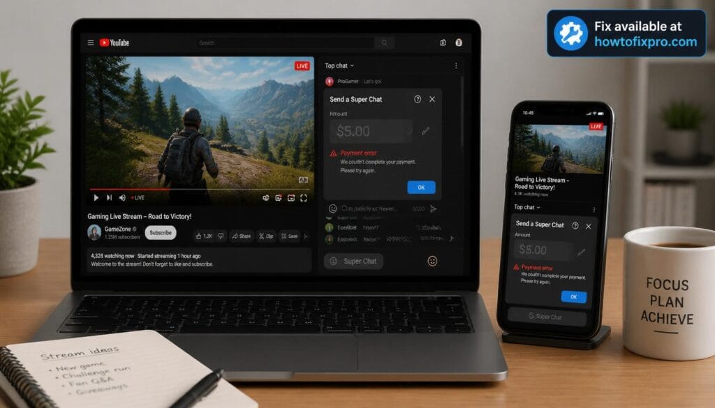 Laptop and phone showing YouTube Super Chat feature grayed out – a common scenario when YouTube Super Chat not working occurs