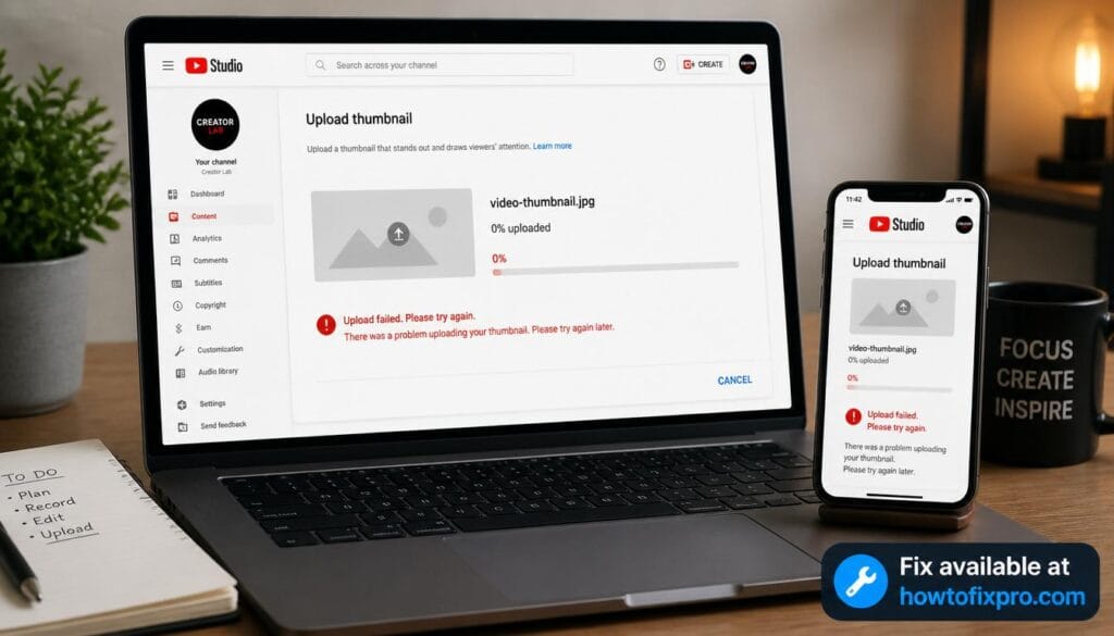 Laptop and phone showing YouTube thumbnail upload error – a common scenario when YouTube Thumbnail not uploading occurs