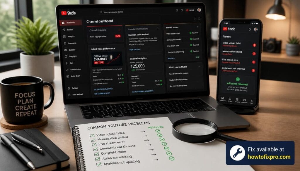 Laptop and smartphone displaying YouTube error fixes with a magnifying glass and checklist – the ultimate YouTube Troubleshooting hub for creators