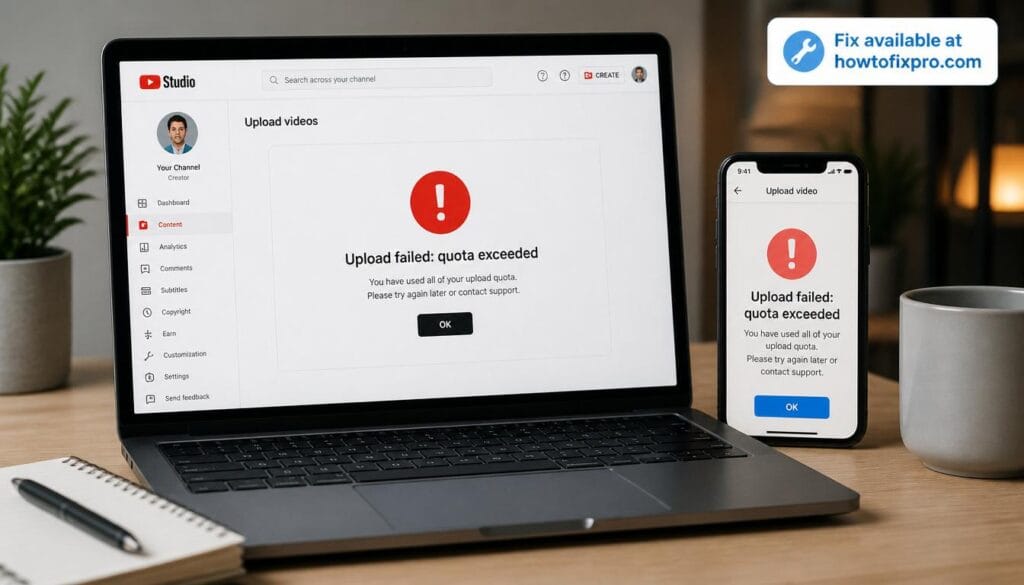 Laptop and phone showing YouTube upload failed quota exceeded error – a common scenario when YouTube Upload failed quota exceeded occurs