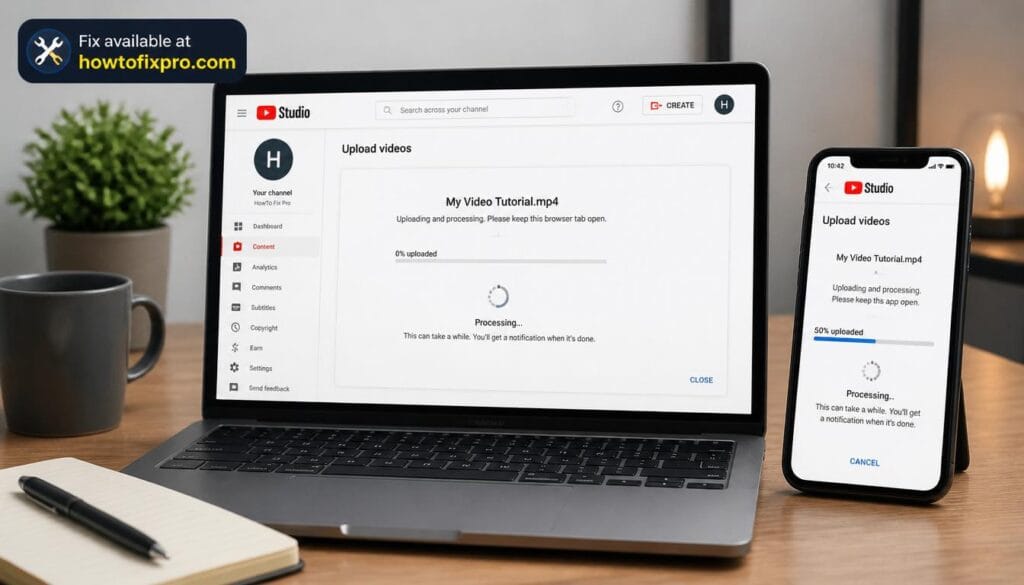 Laptop and phone showing YouTube upload progress stuck at processing – a common scenario when YouTube Upload stuck at processing occurs
