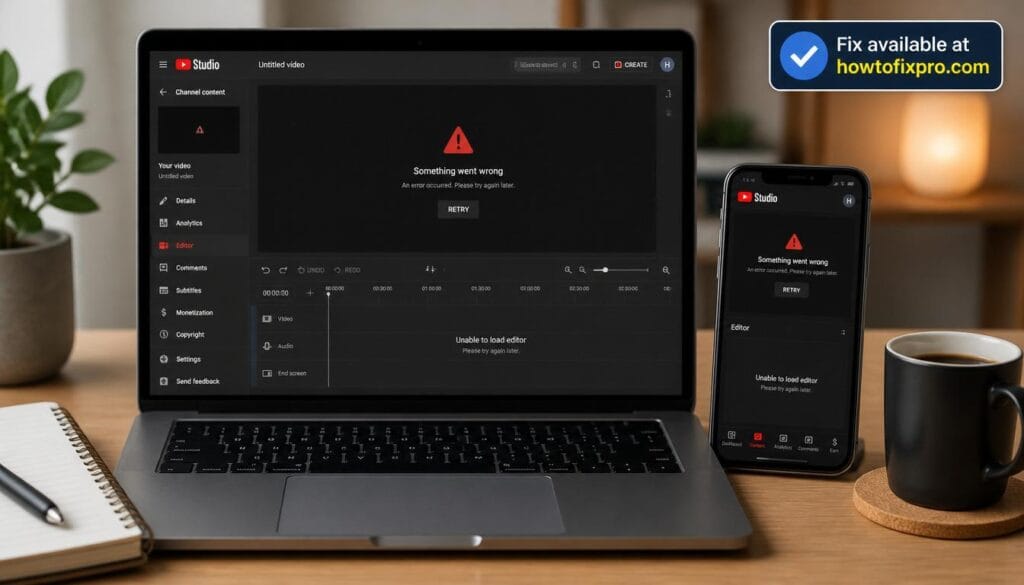 Laptop and phone showing YouTube video editor error – a common scenario when YouTube Video editor not working occurs
