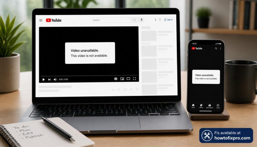 Laptop and phone displaying the YouTube Video unavailable error on screen with a black video player background