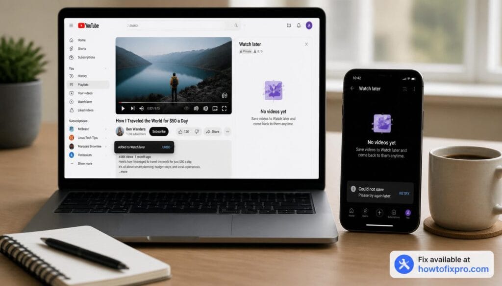 Laptop and phone showing YouTube Watch Later playlist empty despite adding videos – a common scenario when YouTube Watch Later not working occurs