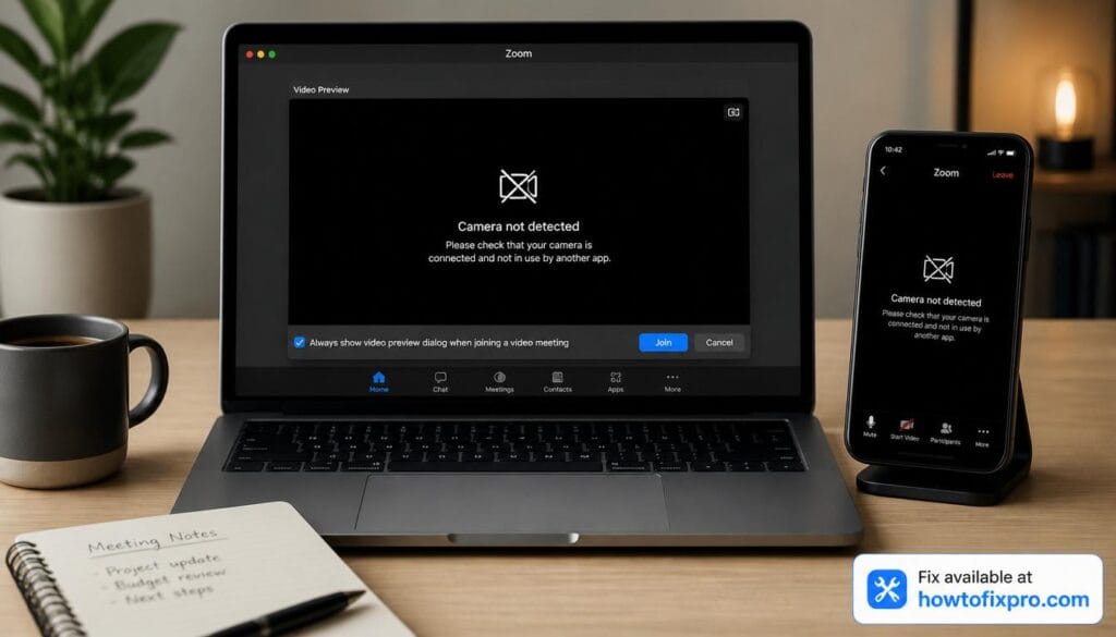 Laptop and smartphone showing Zoom camera not working error – a common scenario when Zoom camera not working occurs