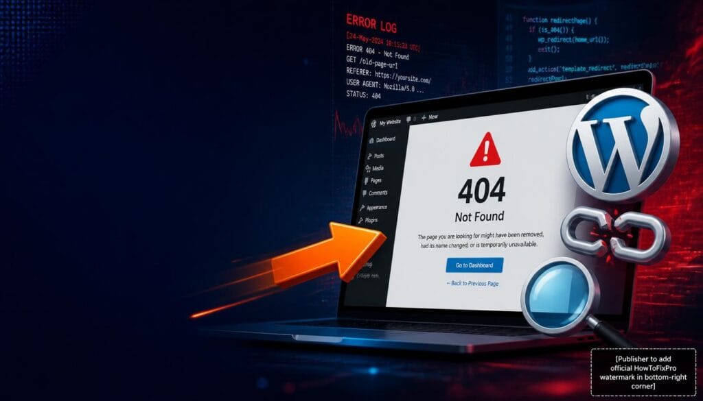404 WordPress error guide showing admin dashboard with 404 error and troubleshooting interface.