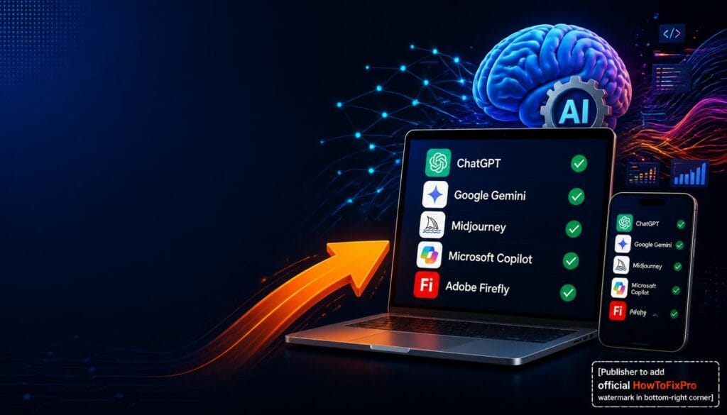 AI tools support hub showing ChatGPT, Gemini, Midjourney, Copilot, and Firefly logos with troubleshooting guide.