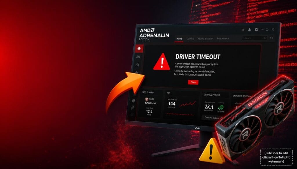 AMD driver timeout guide showing Adrenalin software with driver timeout error and troubleshooting interface.