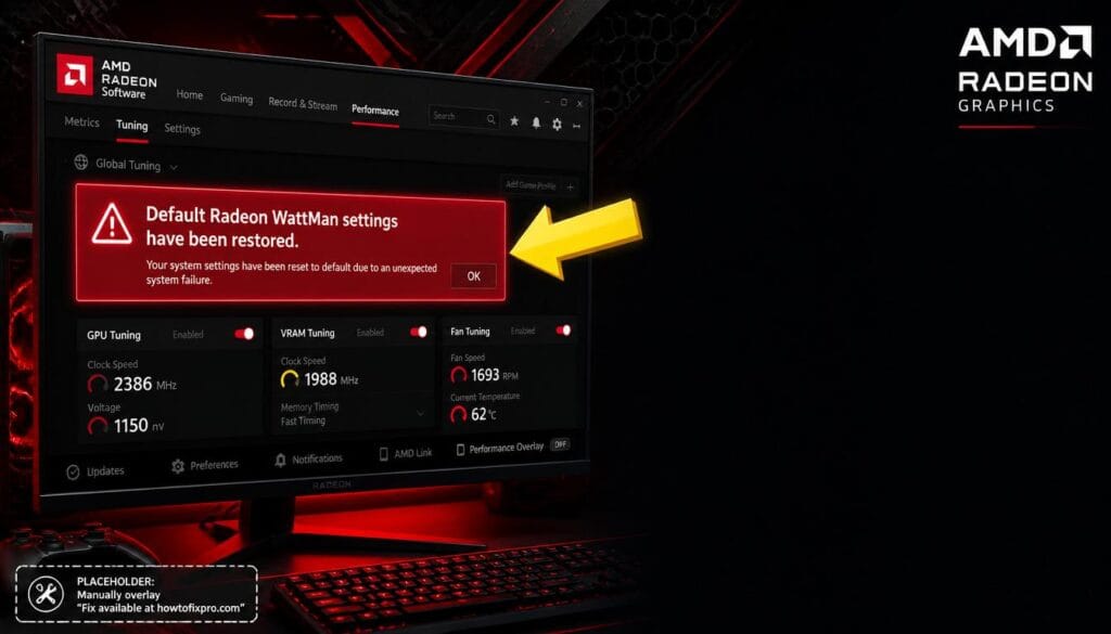 AMD Radeon WattMan settings restored crash error displayed on a gaming monitor with a red warning notification.
