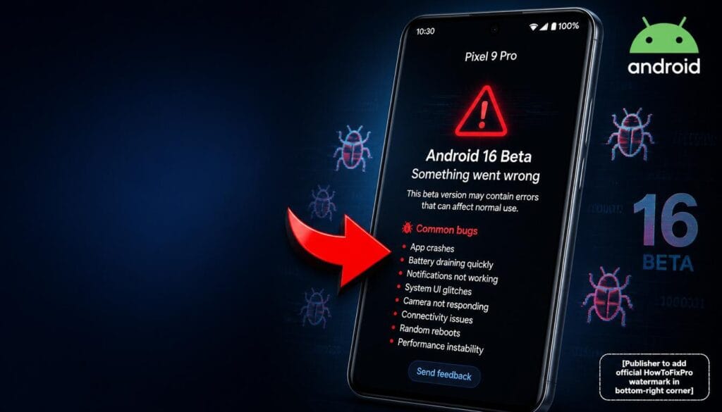 android 16 beta common bugs and errors pixel displayed on smartphone with error messages
