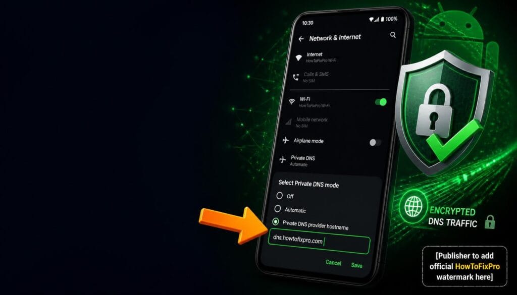 Android Private DNS setup guide showing Private DNS provider hostname settings with shield icon.