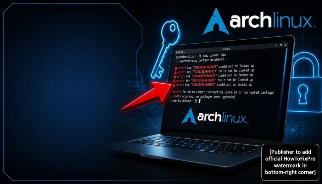 arch linux pacman 7.0.0 keyring trust problems displayed on laptop with terminal errors
