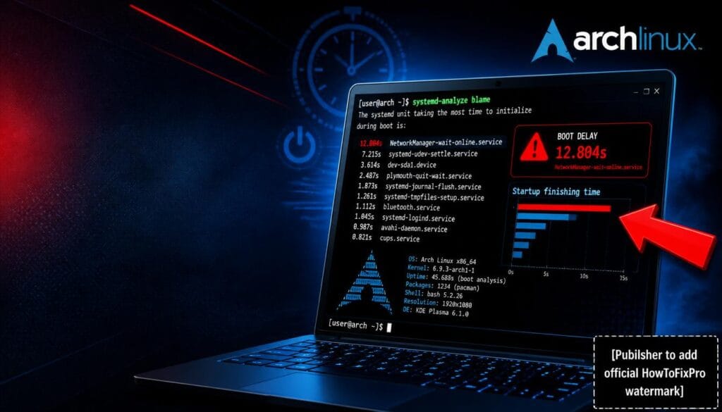 arch linux systemd 257 boot delay glitch displayed on laptop with boot analysis graph