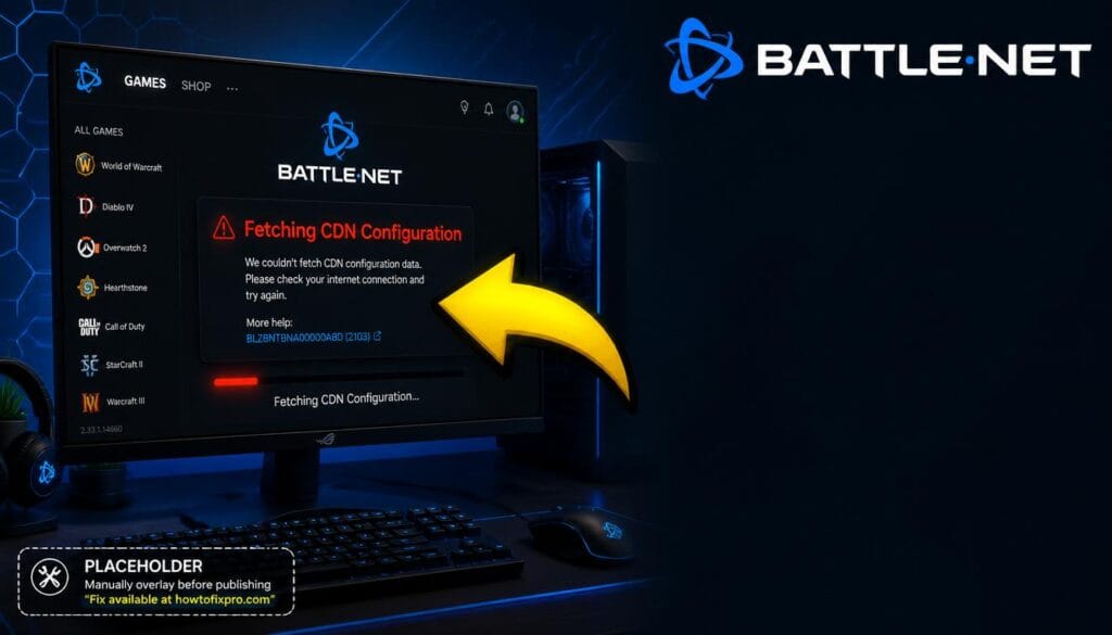 Battle.net Fetching CDN stuck error displayed on a gaming monitor with a loading bar.