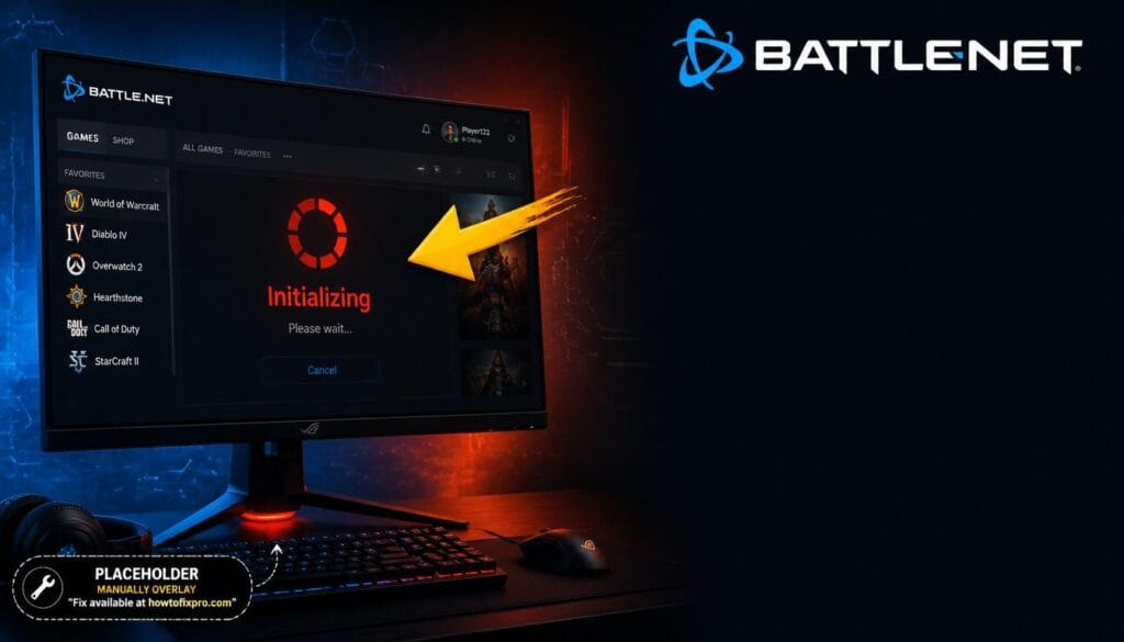 Battle.net launcher stuck on initializing with a frozen loading spinner on the screen.