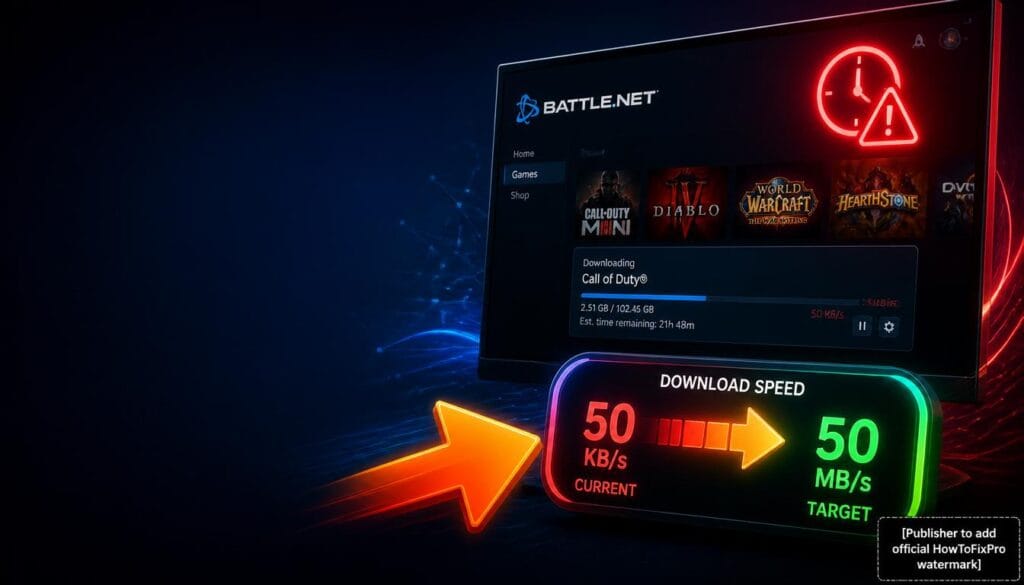 Battle Net slow download guide showing launcher with slow download progress bar and troubleshooting interface.