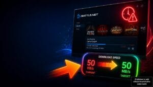 Battle Net slow download guide showing launcher with slow download progress bar and troubleshooting interface.