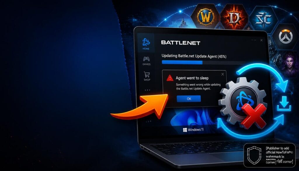 Battle net update agent stuck fix guide showing launcher at 45% with error and troubleshooting graphics.