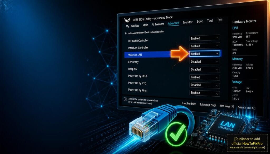 BIOS Wake on LAN settings guide showing UEFI setup screen with WoL option highlighted.