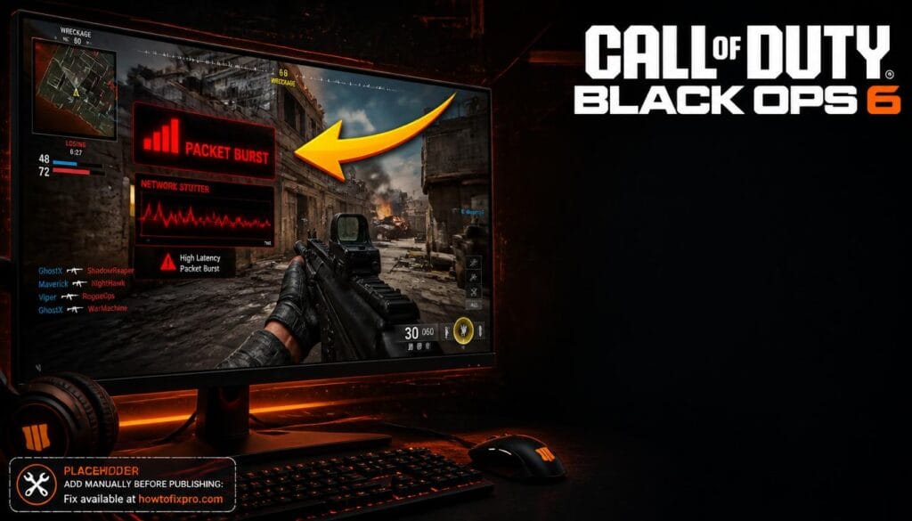Call of Duty Black Ops 6 Packet Burst warning icon displayed on a gaming monitor with stuttering indicators.