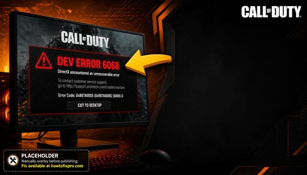 Call of Duty Dev Error 6068 displayed on a gaming monitor with a red DirectX error message.
