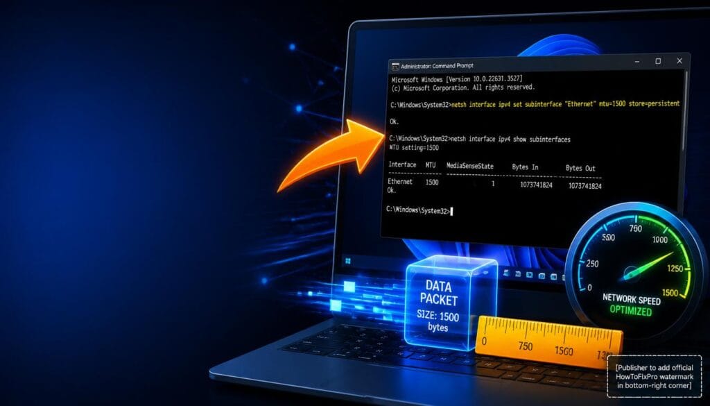 Change MTU Windows 11 guide showing netsh command with network optimization graphics.