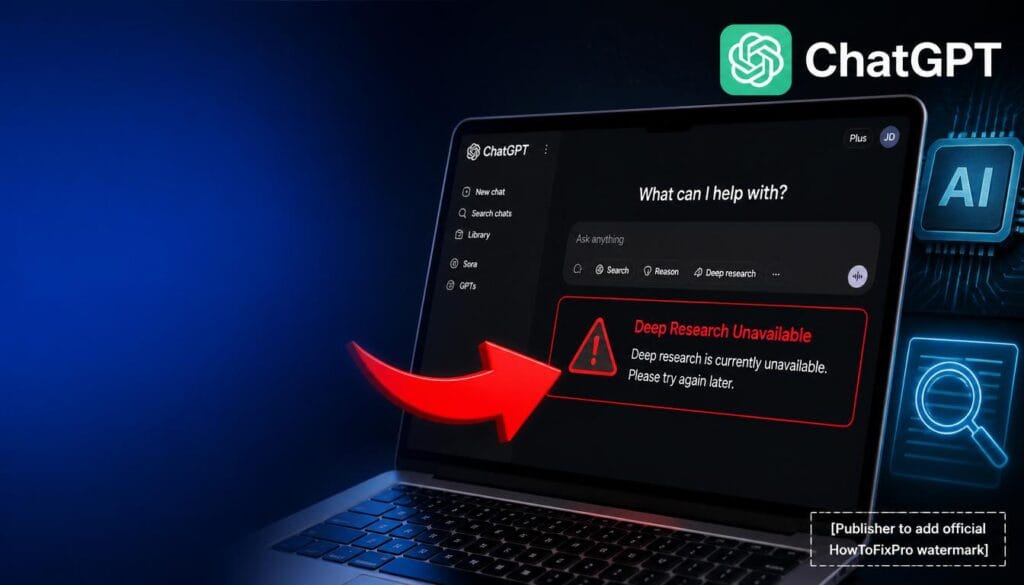 chatgpt deep research not working displayed on laptop screen with error message