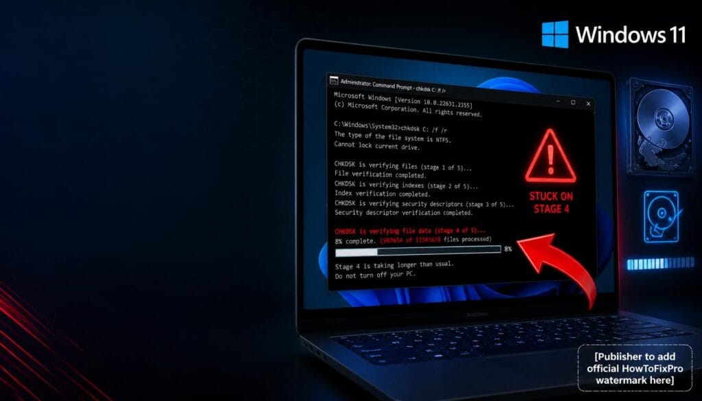 chkdsk stuck at stage 4 or 5 displayed in Windows Command Prompt with progress bar frozen