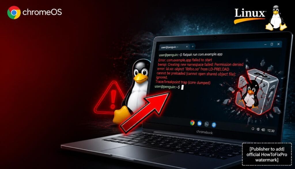 chromebook linux apps crashing displayed on laptop with terminal error message